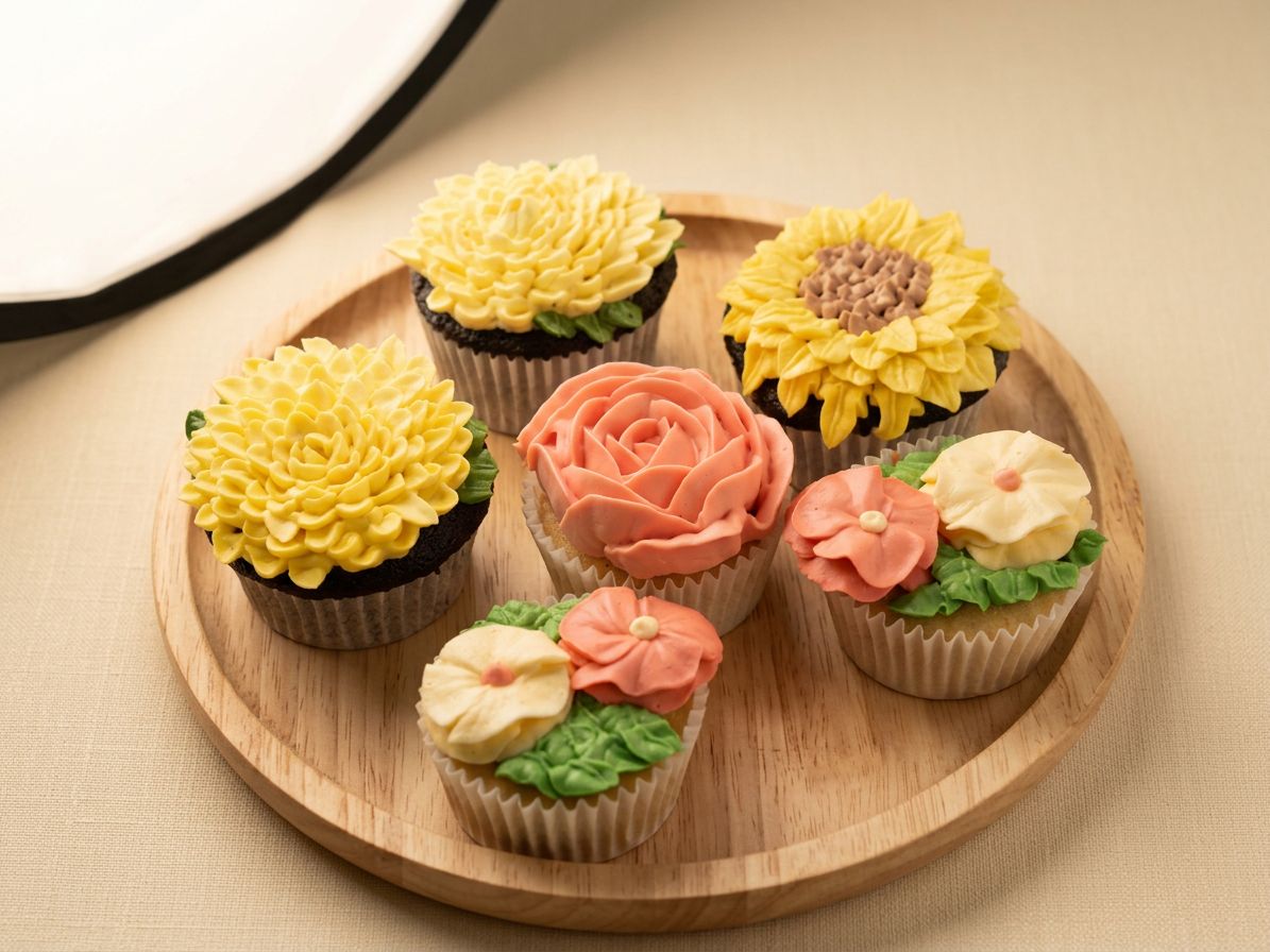 Flower buttercream Roses, Chrysanthemum, Apple blossom and Sunflower Cupcakes by COCAKERY in Selayang